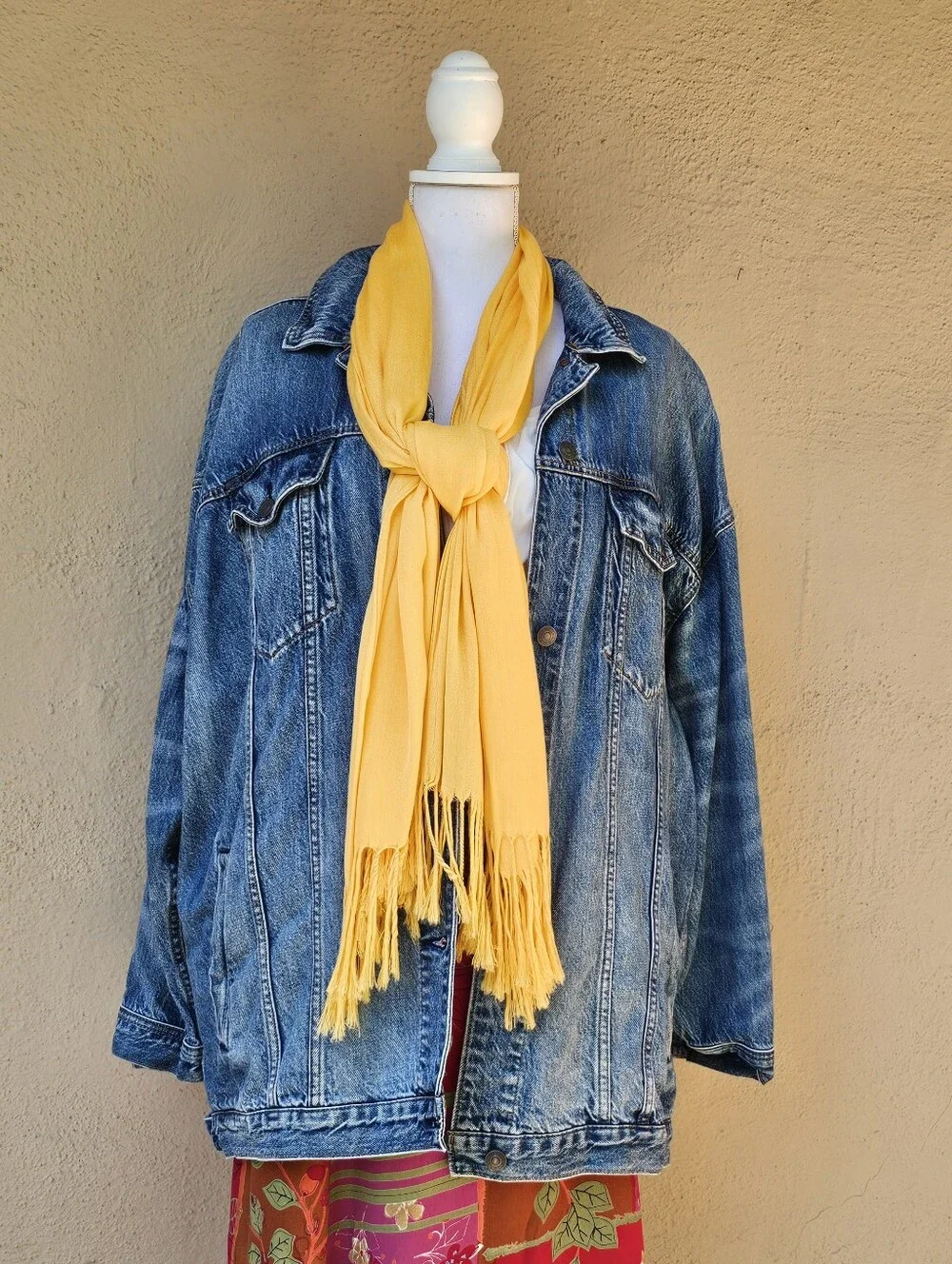 Pashmina And Silk Yellow Scarf W/ Tassel Ends